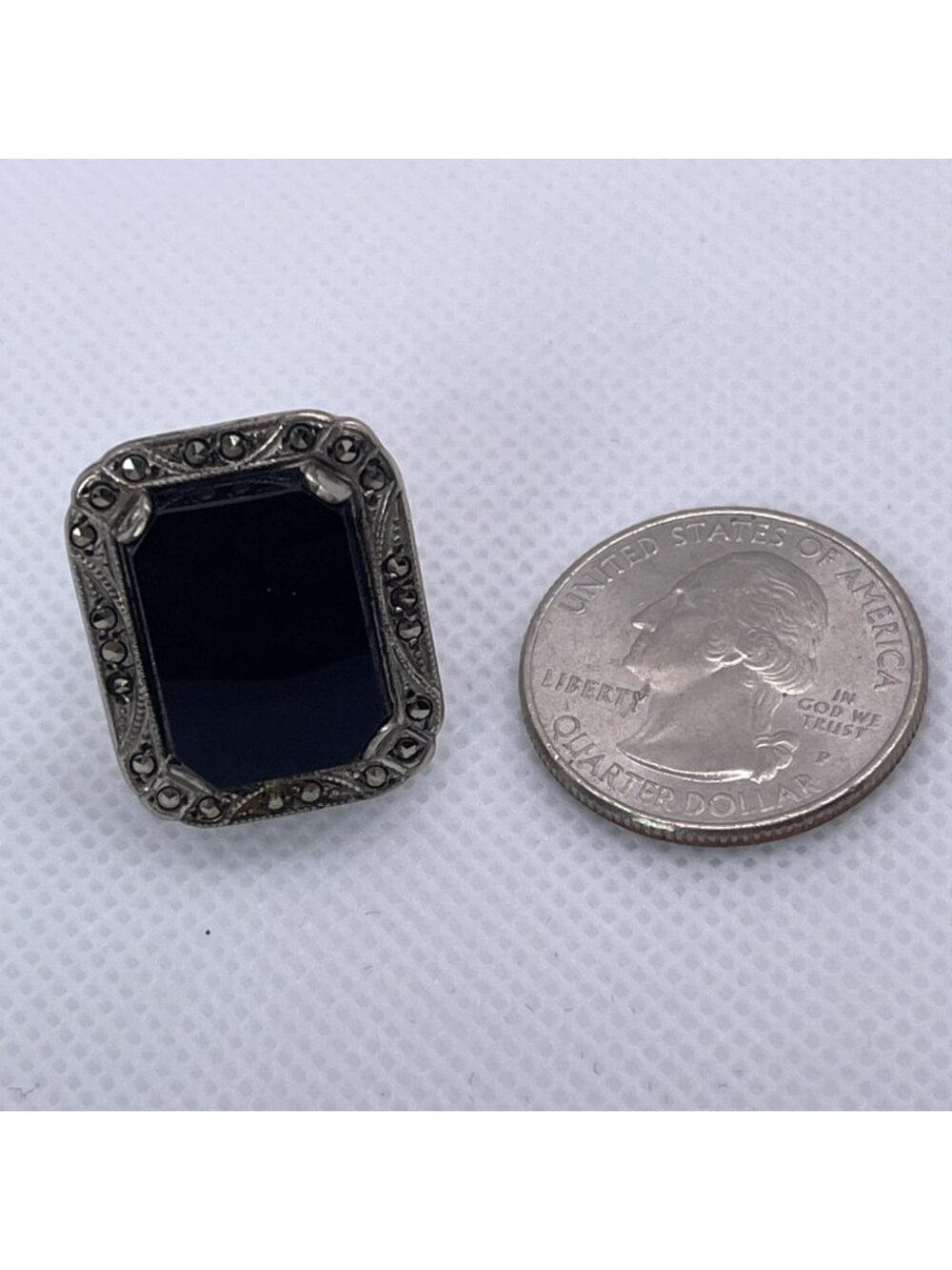 Art Deco Ring Black Onyx Marcasite Sterling Silver Statement Estate Size 6.25 - Picture 8 of 12
